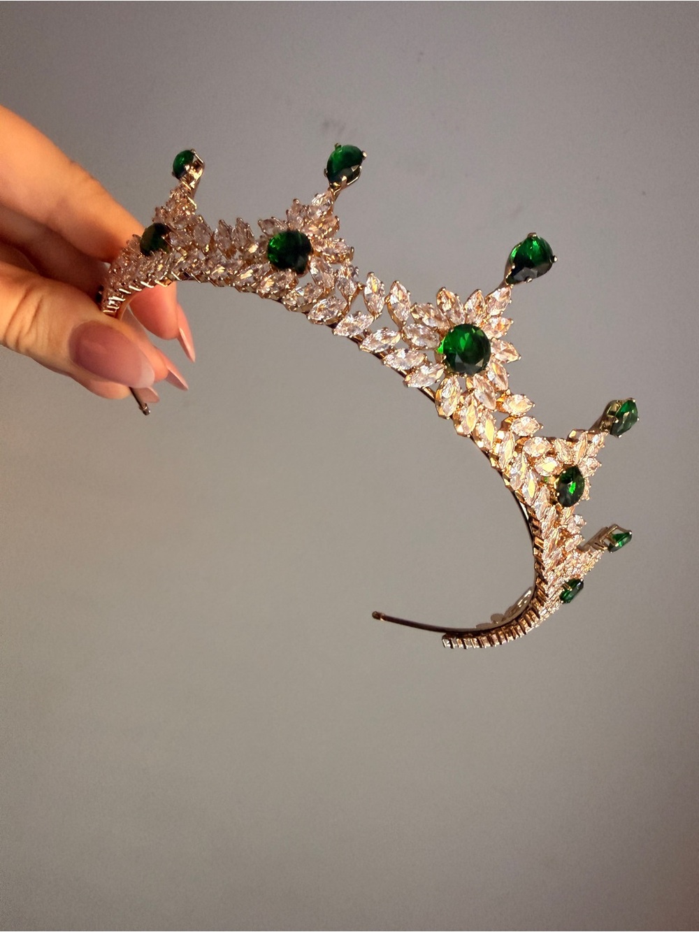 Gold Tiara Headband with Emerald Green Crystals